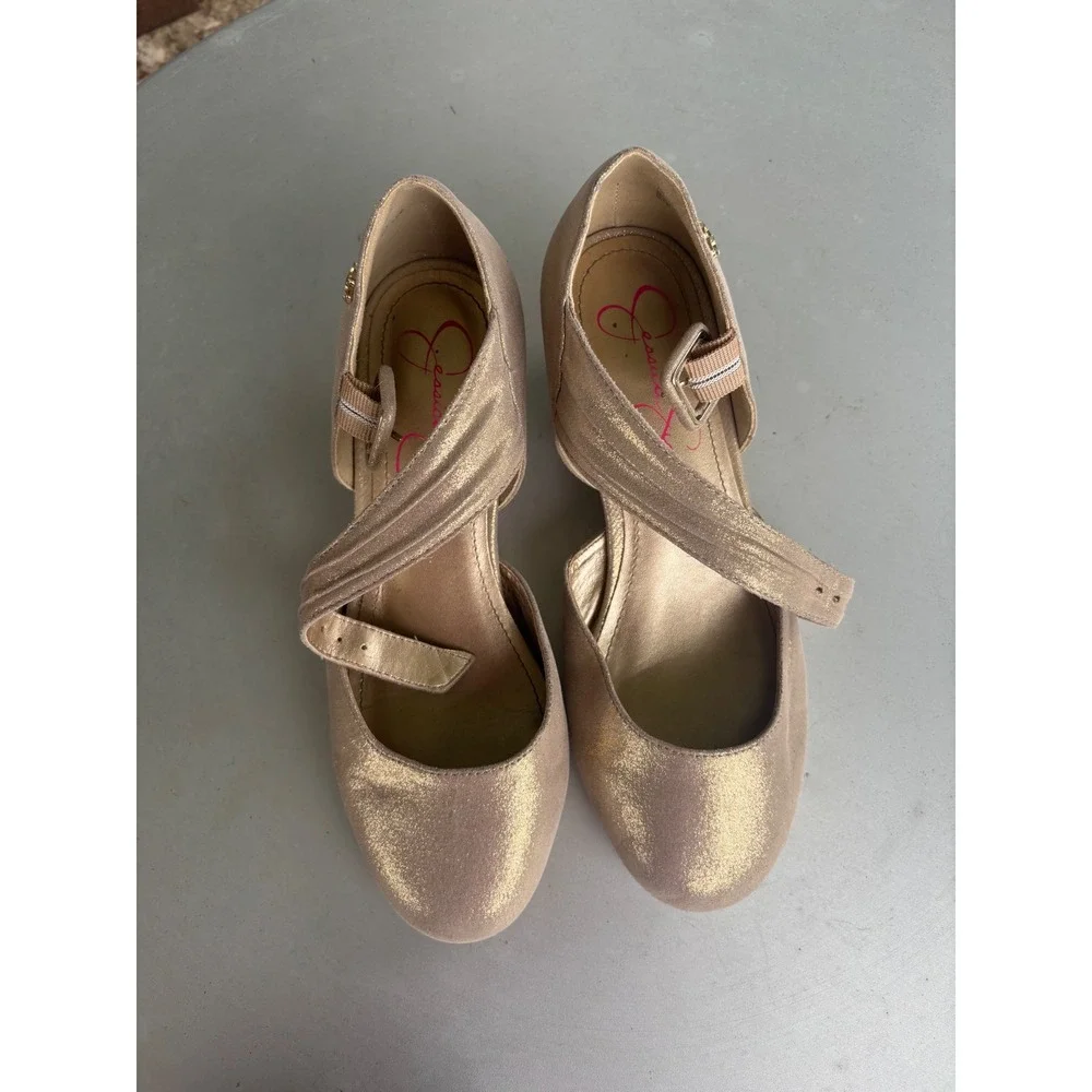 Jessica Simpson Girls Gold Metallic Mary Jane Dress Shoes Heels Buckle Strap